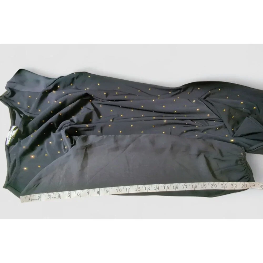 White House Black Market Women's Black Midi Dress‎ Gold Studs Sheer Long Sleeves
